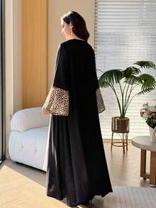 Yasmyna Spring/Summer Linen-Feel Leopard Print Chiffon Women's Cover-Up Robe With Head Veil - Black - View 8