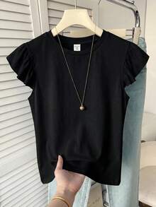 SHEIN 兒童青少年女童夏季 95% 棉圓領短袖寬鬆 T 恤，附荷葉邊袖口與花卉圖案設計，可愛短袖上衣，適合外出、返校、春夏、復古、懷舊、柔軟、乾淨、海灘度假、假期、春假氛圍 - 黑色 - 查看 4