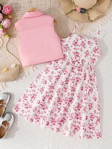 SHEIN 2件組 青少女冰絲牛仔背心 & 彩色花卉印花細肩帶洋裝套裝，春季/夏季 - 彩色 - 查看 2