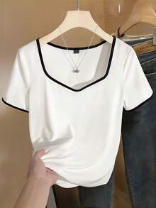SHEIN CURVE+ Plus Size Women's Casual Stretch Short Sleeve Spring/Summer Black & White Color Block Commuter Daily T-Shirt - Black and White - View 5