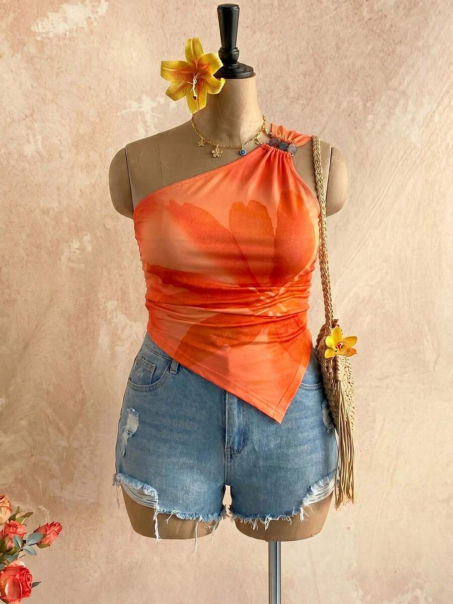 Plus Size Women's Vacation Floral Print One Shoulder Sleeveless Asymmetrical Hem Top Beach Vacation Burnt Orange Summer Filipiniana - Burnt Orange - View 1