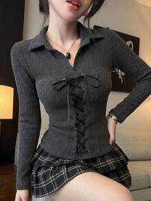 DAZY 秋季灰色繫帶拼接 Polo 衫 婚禮派對修身優雅長袖女款 T-Shirt - 深灰色 - 查看 4