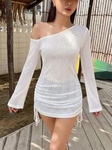 DAZY 女款夏季不對稱單肩抓皺綁帶沙灘罩衫 性感極簡半透明長袖泳衣外罩 - 白色 - 查看 3
