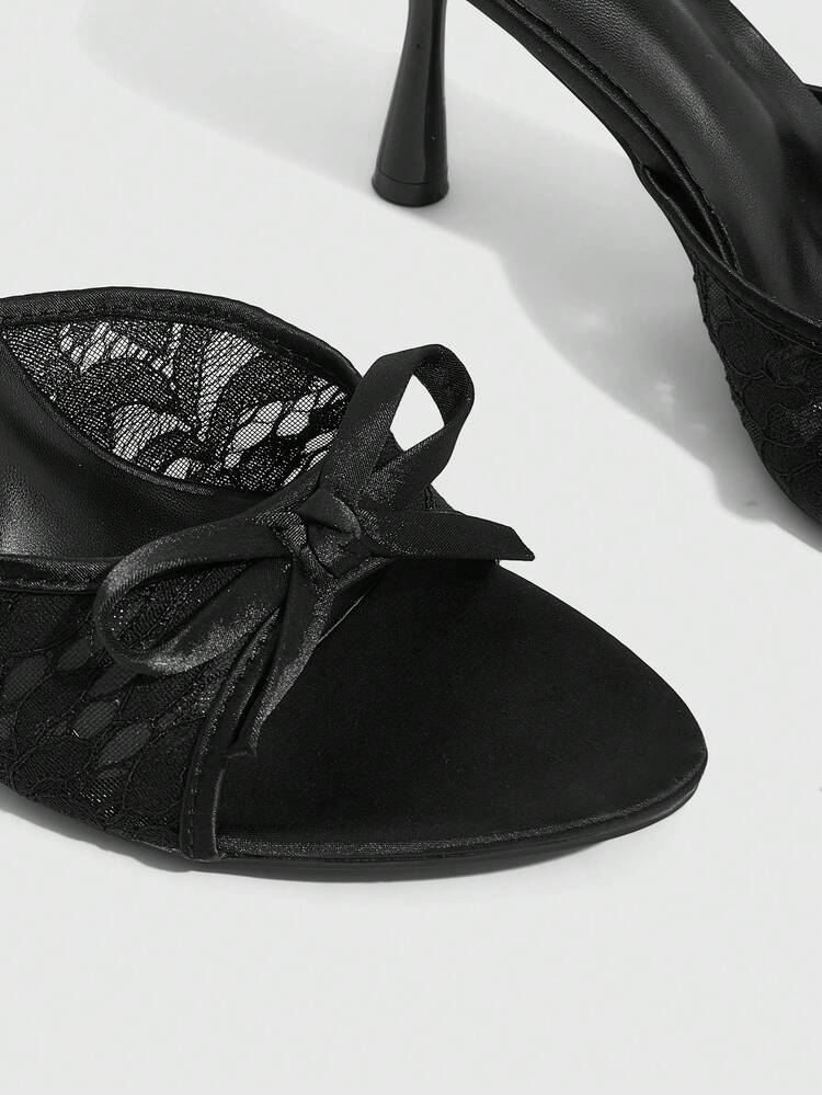 CUCCOO SZL Sweet Bow Lace Mesh Fashion Temperament Strap With Fairy Thin Heels Sandals Women Wear Open-Toed Black High-Heeled Slippers