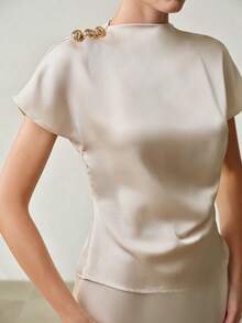MOTF PREMIUM WOMEN'S BUTTON DECOR PLEATED TOP AND SKIRT 2 PIECES SET - Brown - View 3