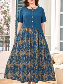 Lacomfia Casual Solid Color Patchwork Paisley Print Round Neck Short Sleeve Loose Regular Fit Plus Size Dress For Spring And Summer - Multicolor - View 6