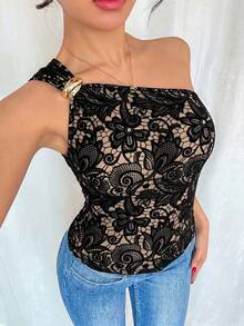 SHEIN Raffinéa 女款黑色性感金屬感百褶單肩修身無袖背心上衣 - 黑色 - 查看 6
