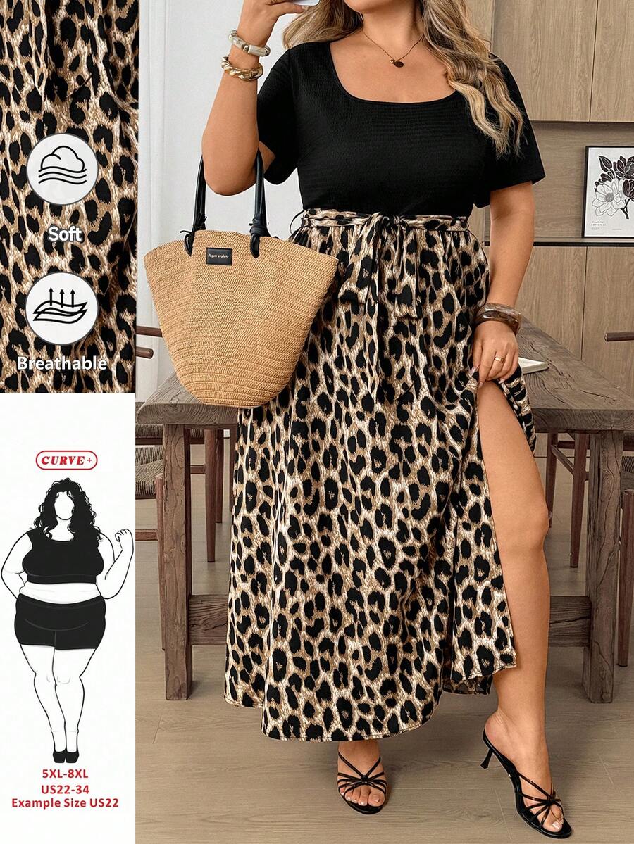 SHEIN CURVE+ 大尺碼黑色豹紋開衩洋裝，休閒通勤新款短袖豹紋裙女款長洋裝 - 彩色 - 查看 1