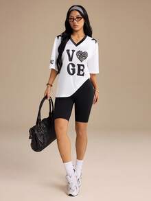 Streetz SHEIN Sport Summer Casual Sweat T-Shirt V-Neck Concert Outfits For Women Graphic Tees Going Out Tops Women - White - View 5