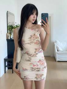 DAZY 女款全花卉印花優雅中長洋裝 夏季 - 杏色 - 查看 6
