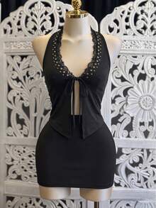 NostaNoir Women's Summer Fashion Beaded Decor Backless Halter Neck Top Club Night Out Black Sequin Elegant Sexy Rave Halloween - Multicolor - View 3