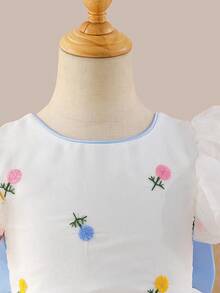 Glamorique Kids 女嬰白色刺繡洋裝，優雅夏季花童公主裙，花卉泡泡袖大裙擺，背後大蝴蝶結，適合生日派對 - 米色 - 查看 7