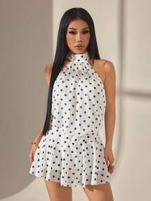 SHEIN PETITE 春夏季純色棕色波點露背掛脖優雅不對稱下擺迷你超短辣妹洋裝，音樂節穿搭洋裝，度假洋裝 - 白色 - 查看 1
