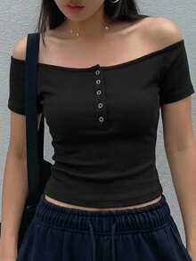 DAZY 女款夏季露肩街頭休閒短袖T恤 - 黑色 - 查看 2