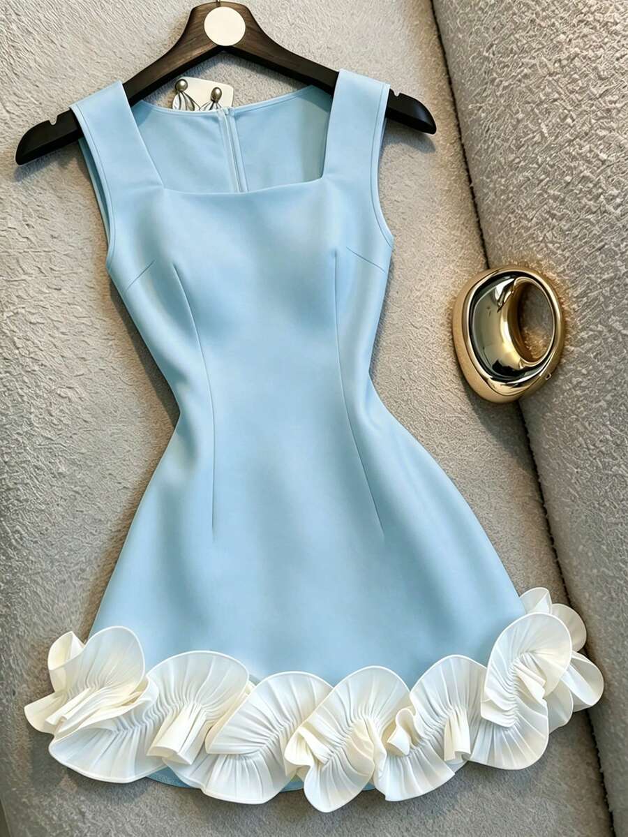 Franclia Women's Patchwork Ruffle Hem Square Neck Sleeveless Elegant Dress - Blue - View 1