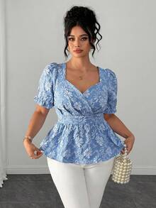 Elenzga Blusa Elegante de Mangas Bufantes com Gola Quadrada, Textura Jacquard, Cintura Franzida e Bainha com Babado, Adequada para Encontros e Uso Diário, Plus Size - Azul - Visão 3