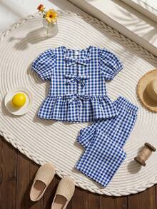 LMoss Kids Baby Girl Woven Blue Gingham Petal Sleeve Casual Shirt And Loose Casual Long Pants 2pcs Set Causal Blouse Cute Outing Holiday - Blue and White - View 1