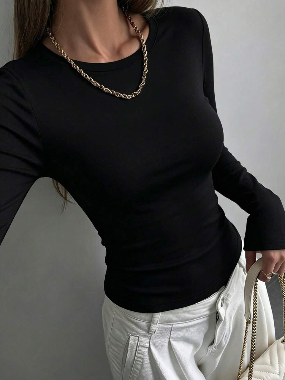 Women's Solid Color Thermal Lined Round Neck Long Sleeve Slim Fit Warm T-Shirt Holiday Black Winter Casual Everyday Lounge