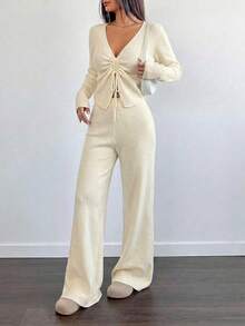 EURMUSE ECRU KNIT Two Pieces SET WITH DRAWSTRING FRONT TOP AND HIGH-WAIST PANTS WOMEN'S WEAR - Beige - View 5