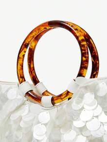 Maija Túi xách nữ thời trang thanh lịch đơn giản cổ điển đính sequin giả vỏ sò, quai tròn đồi mồi, cho mùa hè đi du lịch biển, tiệc bãi biển và hẹn hò - Màu trắng - Xem 7