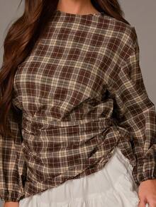 Athîral Women's Plaid Casual Versatile Daily Outing Shirt - Coffee Brown - View 5