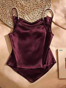 GlowEve CURVE Plus Size Women's French Elegant Casual Vacation, Elastic Knit High-End Satin Fabric, Fitted Flared Hem Draped Neck Design Camisole Top, High-End Beaded Design, Women's Commuting, Elegant , Party Top, Beach, Outing Top, Vacation - Burgundy - View 2
