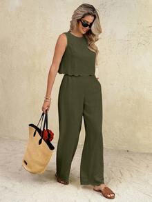SHEIN Frenchy Women's Solid Color Back Knot Sleeveless Shirt And Pants 2pcs Set For Vacation - Army Green - View 7
