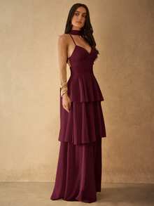 Silquee Spring Summer Women's Chiffon Spaghetti Strap Layered Ruffle Dress - Burgundy - View 6