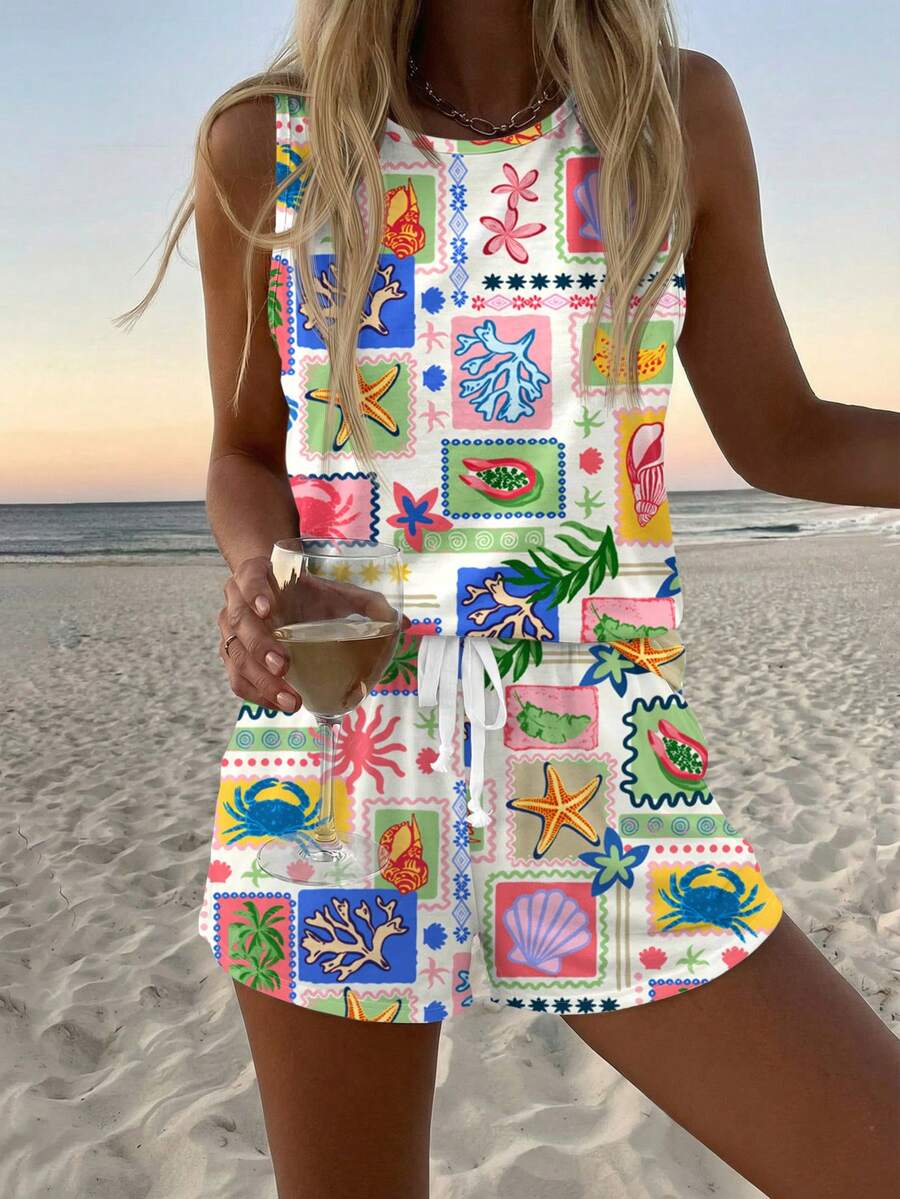 SHEIN LUNE Women's Boho Tropical Retro Shell Palm Print Tank + Tee Set For Summer Beach Vacation Resort Multicolor - Multicolor - View 1
