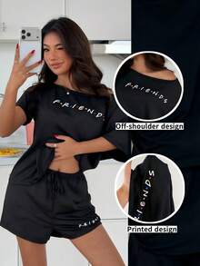 ZzzCrew FRIENDS X SHEIN Women's Short Sleeve Off-Shoulder Letter Print T-Shirt And Shorts Set - Black - View 1