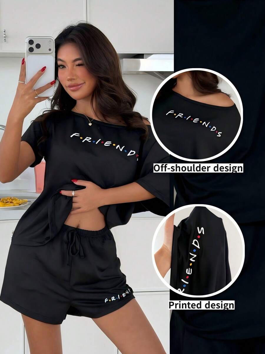 ZzzCrew FRIENDS X SHEIN Women's Short Sleeve Off-Shoulder Letter Print T-Shirt And Shorts Set - Black - View 1