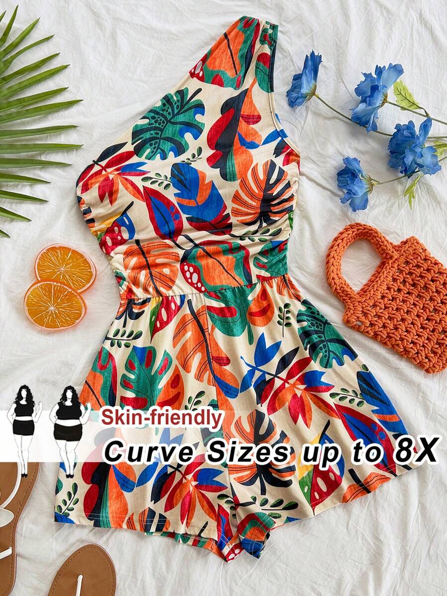 SHEIN CURVE+ Plus Size Vacation Casual Botanical Print One Shoulder Romper - Multicolor - View 1