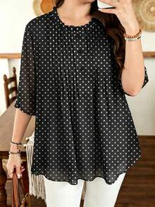 Lacomfia White Polka Dot Pattern Black Plus Size Women's Top, Fashionable Round Neck Patchwork Ruffle Trim Mid-Length Sleeve Loose Blouse, Pleated Patchwork Button Design, Summer Vacation Style, Casual Wear - Multicolor - View 1