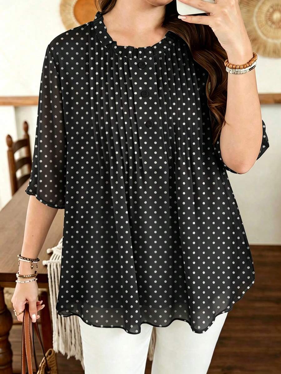 Lacomfia White Polka Dot Pattern Black Plus Size Women's Top, Fashionable Round Neck Patchwork Ruffle Trim Mid-Length Sleeve Loose Blouse, Pleated Patchwork Button Design, Summer Vacation Style, Casual Wear - Multicolor - View 1