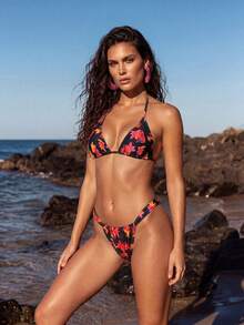 Anewsta Summerbeach 女款花卉圖案掛脖上衣與泳褲比基尼套裝 - 彩色 - 查看 1