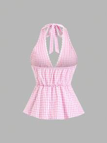 Sweetra Women's Sweet Halter Plaid Romantic Backless Camisole For Summer - Pink - View 2