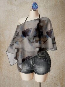 SHEIN ICON Plus Size Women's Tie Dye Print Asymmetrical Shoulder Loose Fashion Top - Multicolor - View 6