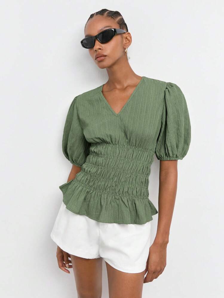 SHEIN Maija Green Shirred Women's Blouse, Summer Lantern Sleeve, Shirred Waist, Ruffle Hem, Textured