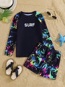 SHEIN Traje de baño de 2 piezas tipo tankini ajustado casual con estampado de videojuegos que brilla en la oscuridad para niño preadolescente, adecuado para primavera/verano, vacaciones en la playa - Multicolor - View 7
