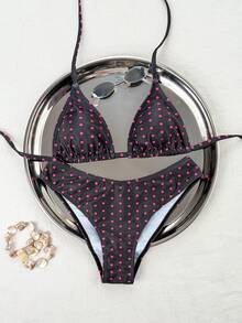Swim Mod 2026春夏女款細肩帶掛脖式粉黑波點底色隨機波點印花甜美熱帶可愛高衩側綁比基尼 - 彩色 - 查看 2