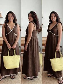 Enliva Plus-Size Women's Sleeveless Color Block Midi Dress Chic Summer Vacation Casual, For Apple And Rounded Body Shape - Brown - View 2