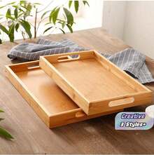 Rectangular Bamboo Tray, Hotel/Restaurant Bamboo Tea Tray, Bamboo Creative Fruit/Bread Wooden Tray With Handle, Suitable For Cafe/Coffee Shop Service - Bamboo Color - View 1