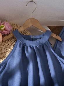 SHEIN Set Atasan Halter dan Celana Panjang Warna Polos Desain Berongga untuk Anak Perempuan Remaja, Liburan Musim Panas Warna Biru Aqua, Gaya Tomboy Tropis - Biru - View 5
