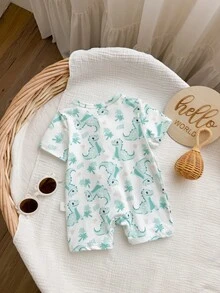 Baby Boy Casual Cute Knitted Cartoon Pattern Short Sleeve Romper - Cadet Blue - View 2