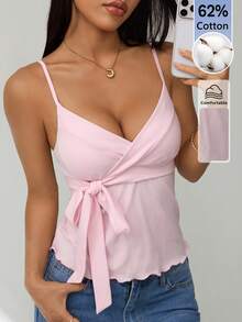 SHEIN PETITE 女款秋冬新品－甜美休閒粉色 Clean Girl 風格休閒女款側綁帶打結荷葉邊細肩帶背心上衣，夏季上衣，小個女款 - 粉色 - 查看 6