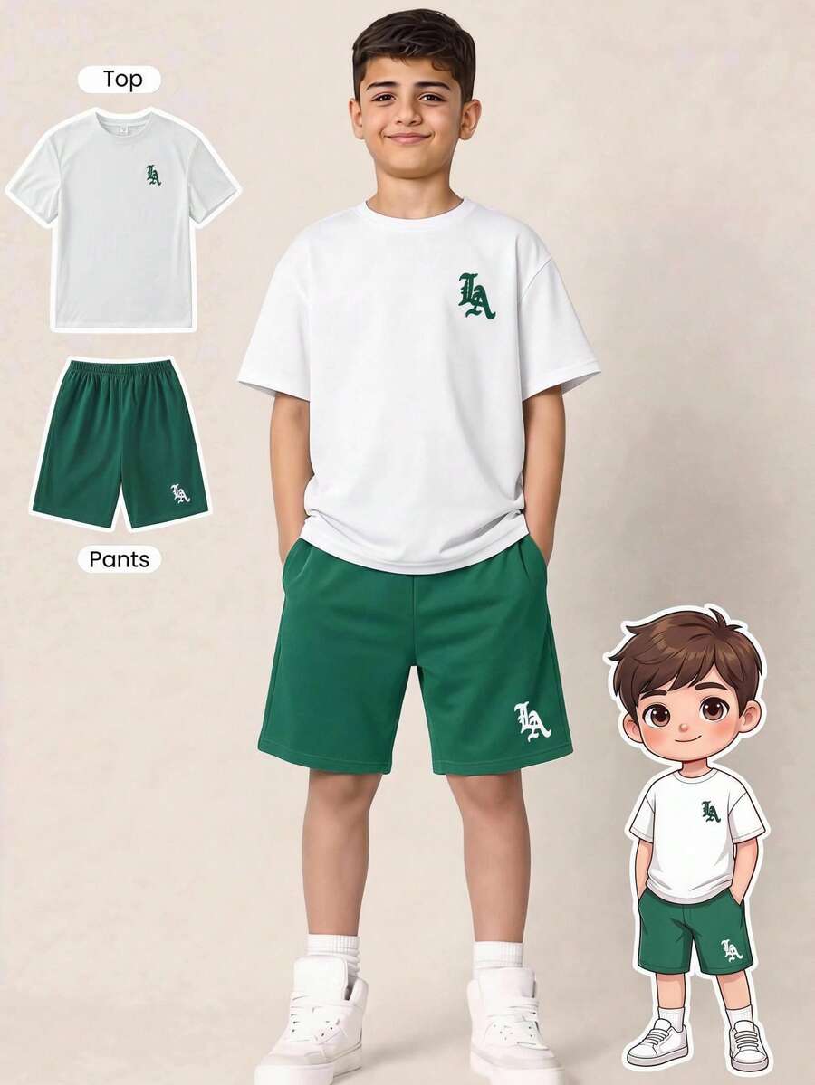 2件組兒童青少年男童休閒風圓領短袖白色T恤綠色短褲柔軟套裝,夏季上衣,夏季短褲,男童套裝兒童套裝,適合春季/夏季、情人節、約會、夏季穿搭、海灘週末、家庭聚會、開學季、婚禮季節、運動、生日派對 - 彩色 - 查看 1