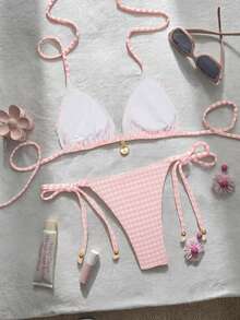 Swim Mod Women's Summer Jacquard Fabric Halter Neck Metal Decor Sexy Bikini Set - Pink - View 4