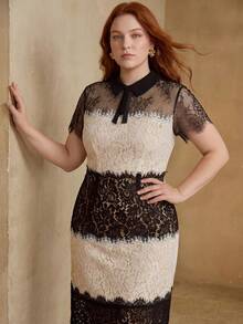 MOTF PREMIUM Vestido feminino plus size elegante e romântico com cintura marcada, efeito emagrecedor, patchwork de renda e aplicação floral - Preto e Branco - Ver 3