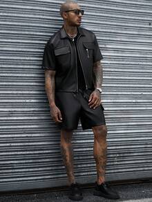 SLATEMANN Men's Cargo Pocket Zipper Placket Short Sleeve Shirt And Shorts Set, Ceremony - Black - View 4