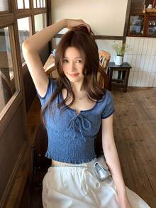 DAZY 女款休閒交叉綁腰T恤 夏季 - 灰色 - 查看 4